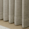 Burlywood Birch Liz Linen Pleated Curtains rounded curtain hems above a pale wood floor