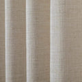 A close-up photograph of natural light beige textured fabric showing visible vertical folds and a coarse weave