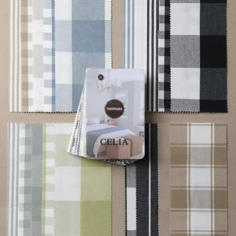Celia Striped Plaid fabric swatches and sample booklet