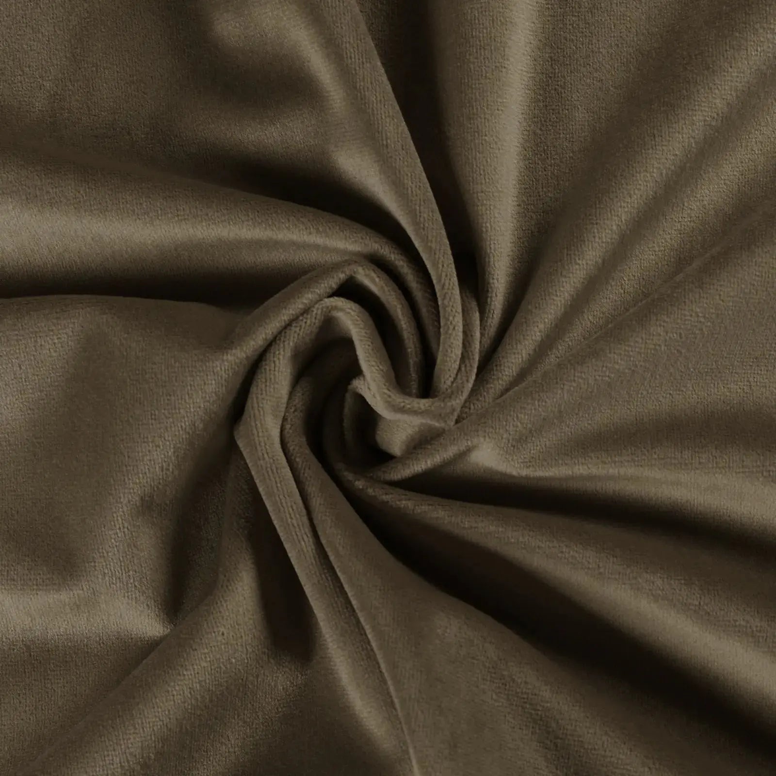 Photograph of draped muted olive-brown velvet fabric with a plush texture forming a central spiral swirl and soft folds highlighted by light and shadow