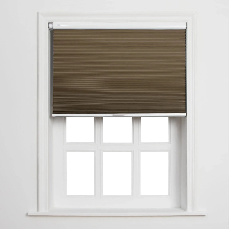 A brown cellular Blind partially covering a white six-pane window set into a clean white wall