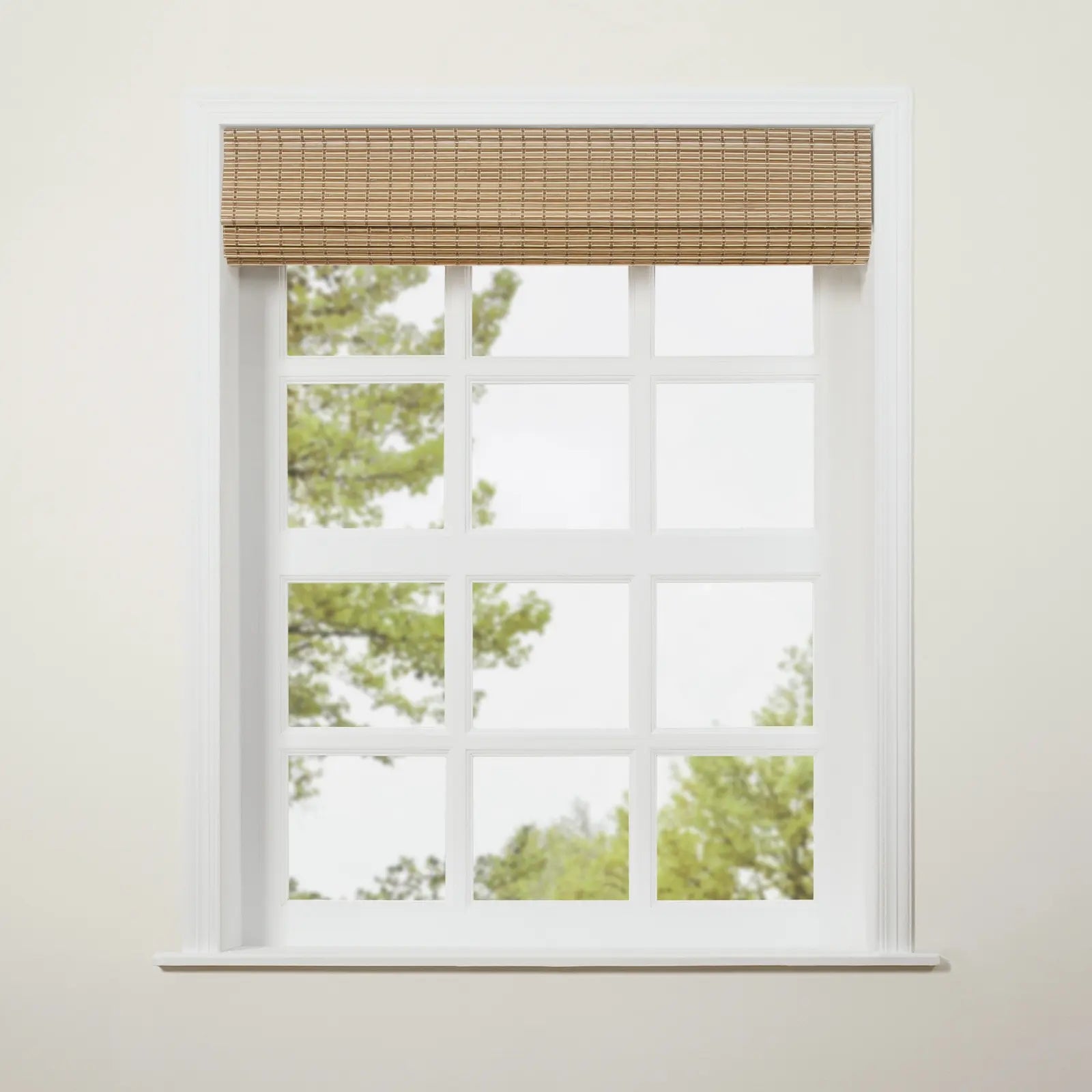 A white multi-pane window with a light brown bamboo Roman blind revealing blurry green trees beyond