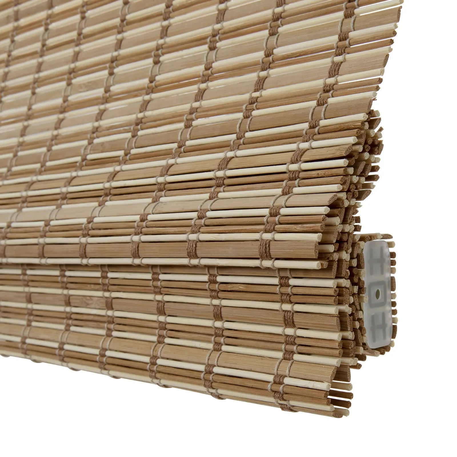 Natural bamboo roll-up blinds showcasing varied light brown and tan slats woven with dark brown cord revealing its textured layered construction and a translucent white plastic mechanism