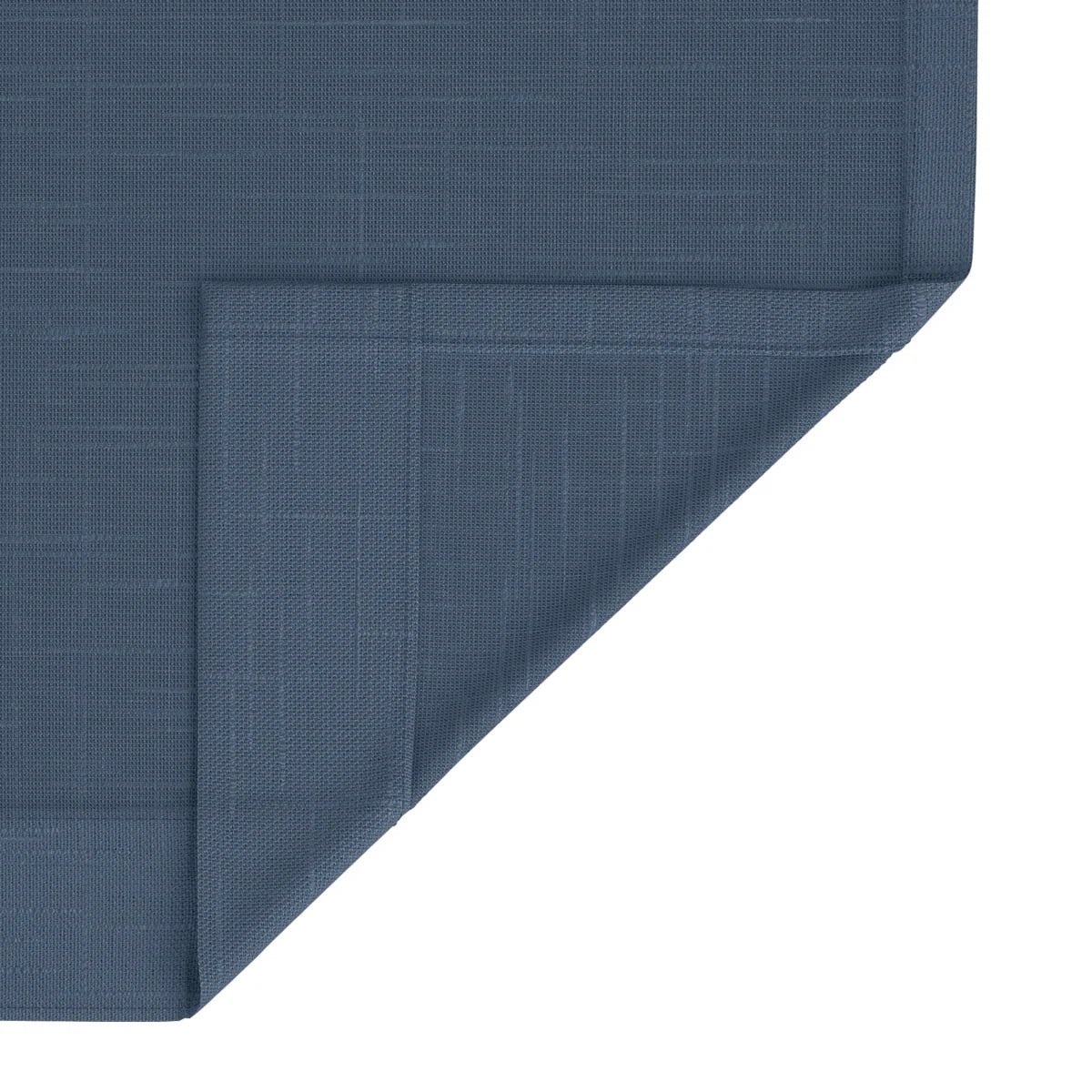 Muted blue woven fabric with a visible crosshatch texture, one corner neatly folded exposing a white background