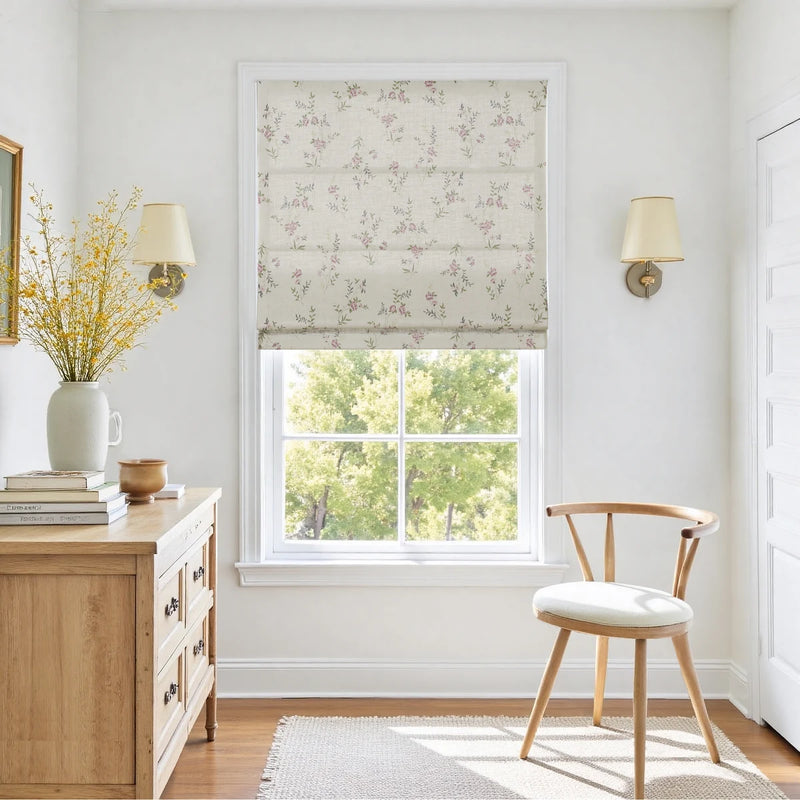Holly Botanical Boho No-Drill Flat Fold Roman Blind Cordless