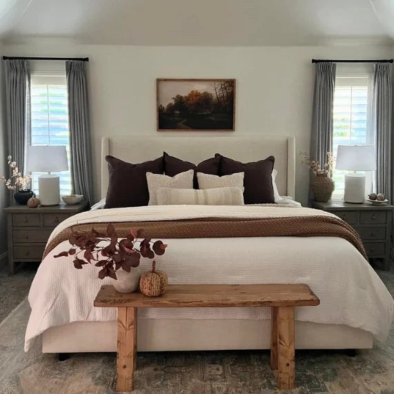 Fog Liz linen curtains viewed at an angle in a softly styled room with natural daylight