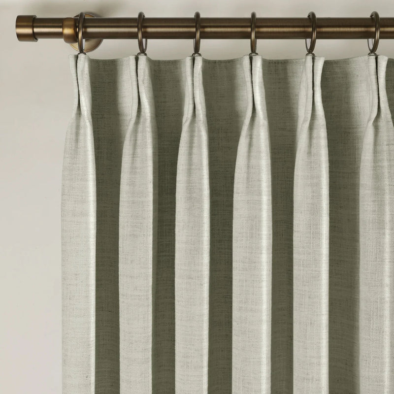 Fog Liz linen curtains showing the lower drape and pooling folds near the floor