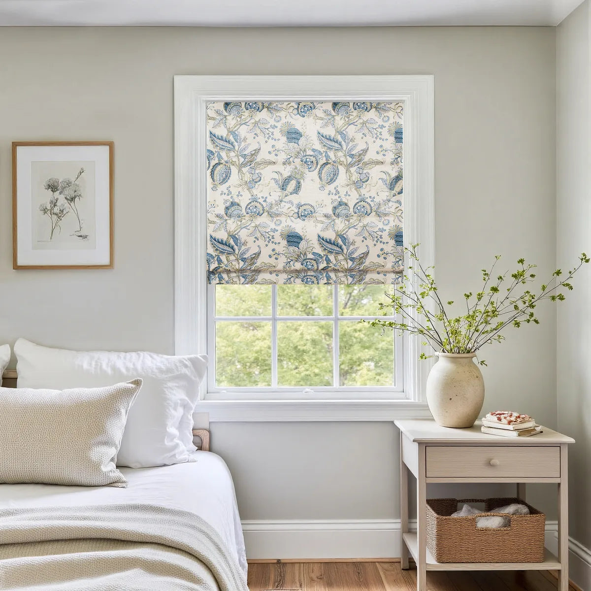 Holly Botanical Boho No-Drill Flat Fold Roman Blind Cordless