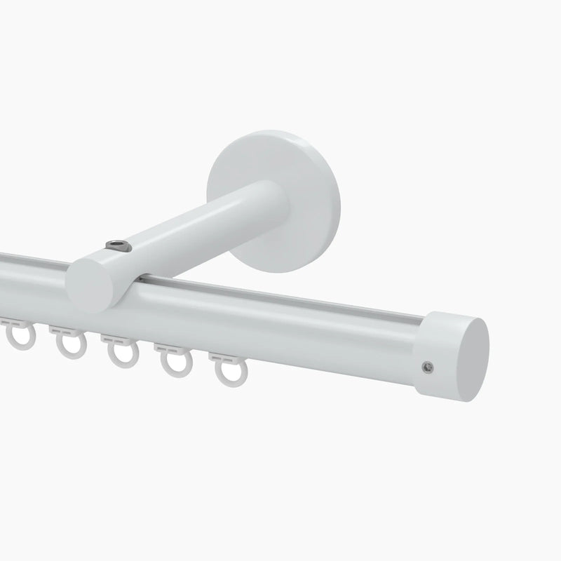 White aluminum curtain track system with integrated gliders, a wall-mounted bracket, and a visible silver fixing screw