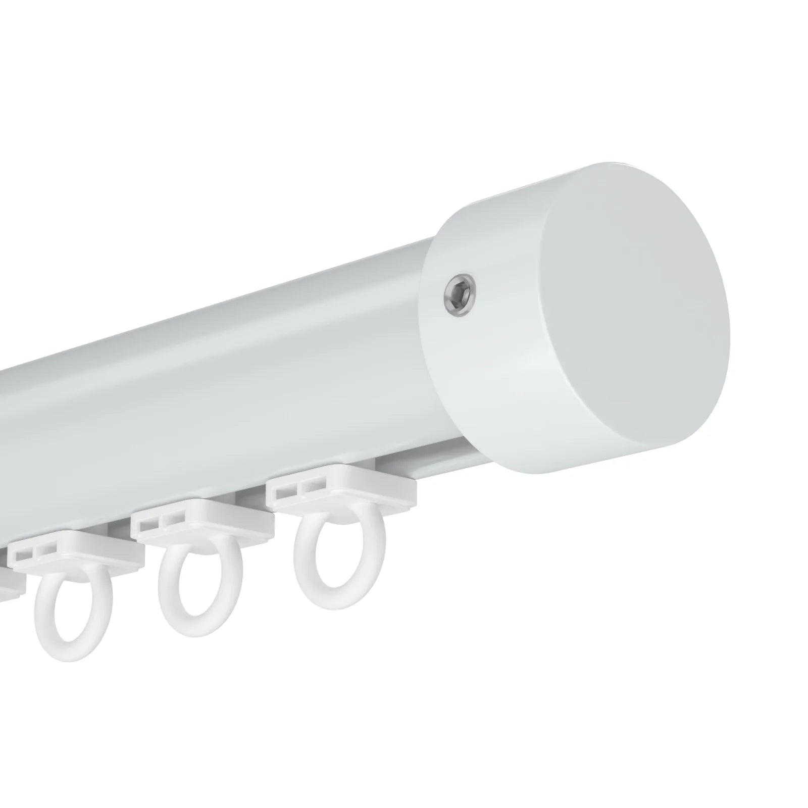 A white aluminum curtain track with multiple plastic ring hangers, a sleek profile, and a silver hex screw on the round end cap isolated on a white background