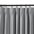 Textured gray pleated curtains on a black metal rod with black rings