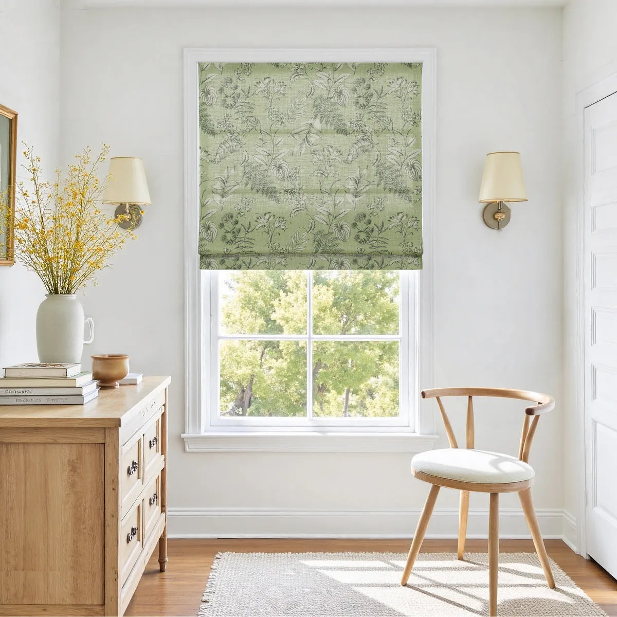 Holly Botanical Boho No-Drill Flat Fold Roman Blind Cordless