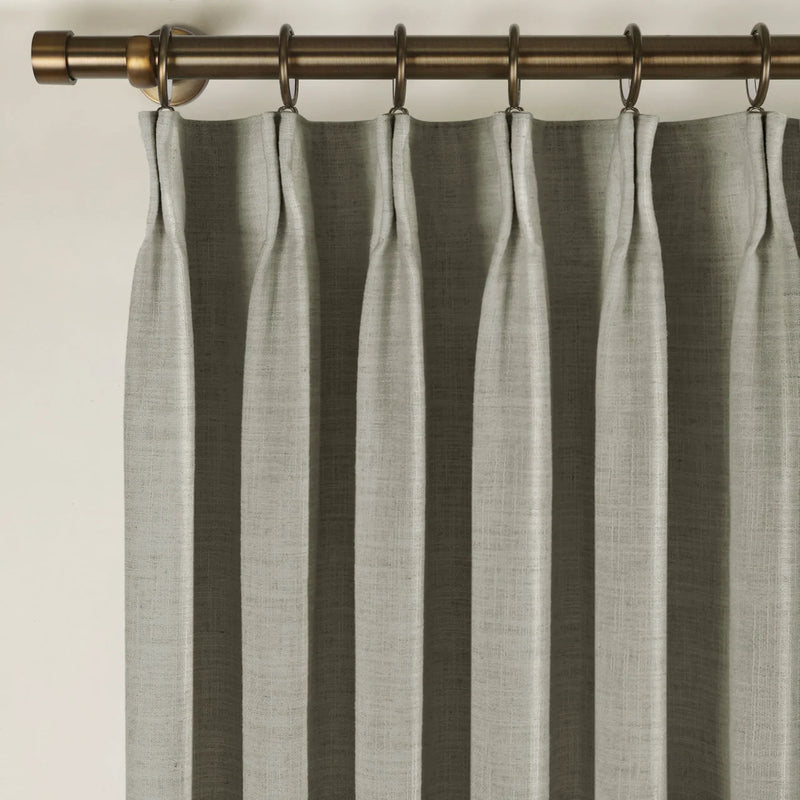 Grey Liz Linen Pleated Curtains triple pinch pleat heading on a bronze curtain rod