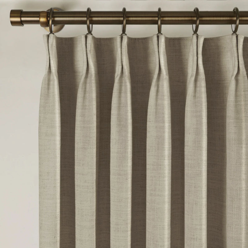 Grey Beige Liz Linen Pleated Curtains triple pinch pleat heading on a bronze curtain rod