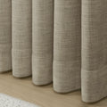 Grey Beige Liz Linen Pleated Curtains rounded curtain hems above a pale wood floor