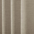 Textile art featuring a close-up of natural oatmeal linen-look fabric with a coarse woven texture and soft vertical pleats