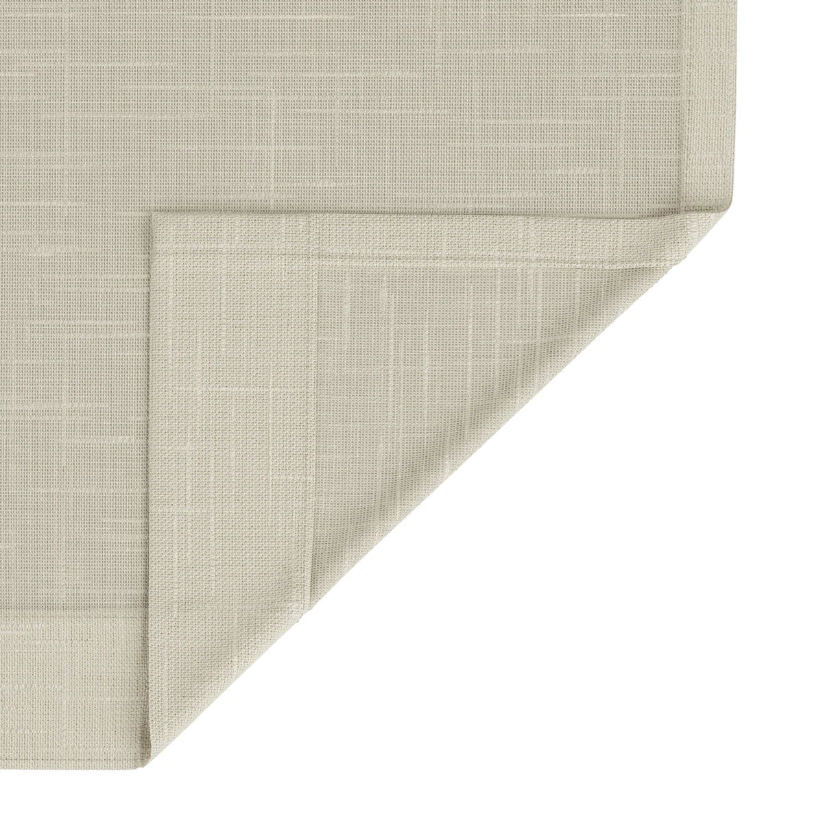 Photograph of a light beige linen-look fabric with a subtle grid weave texture, folded in the lower right corner revealing the clean edge and reverse side