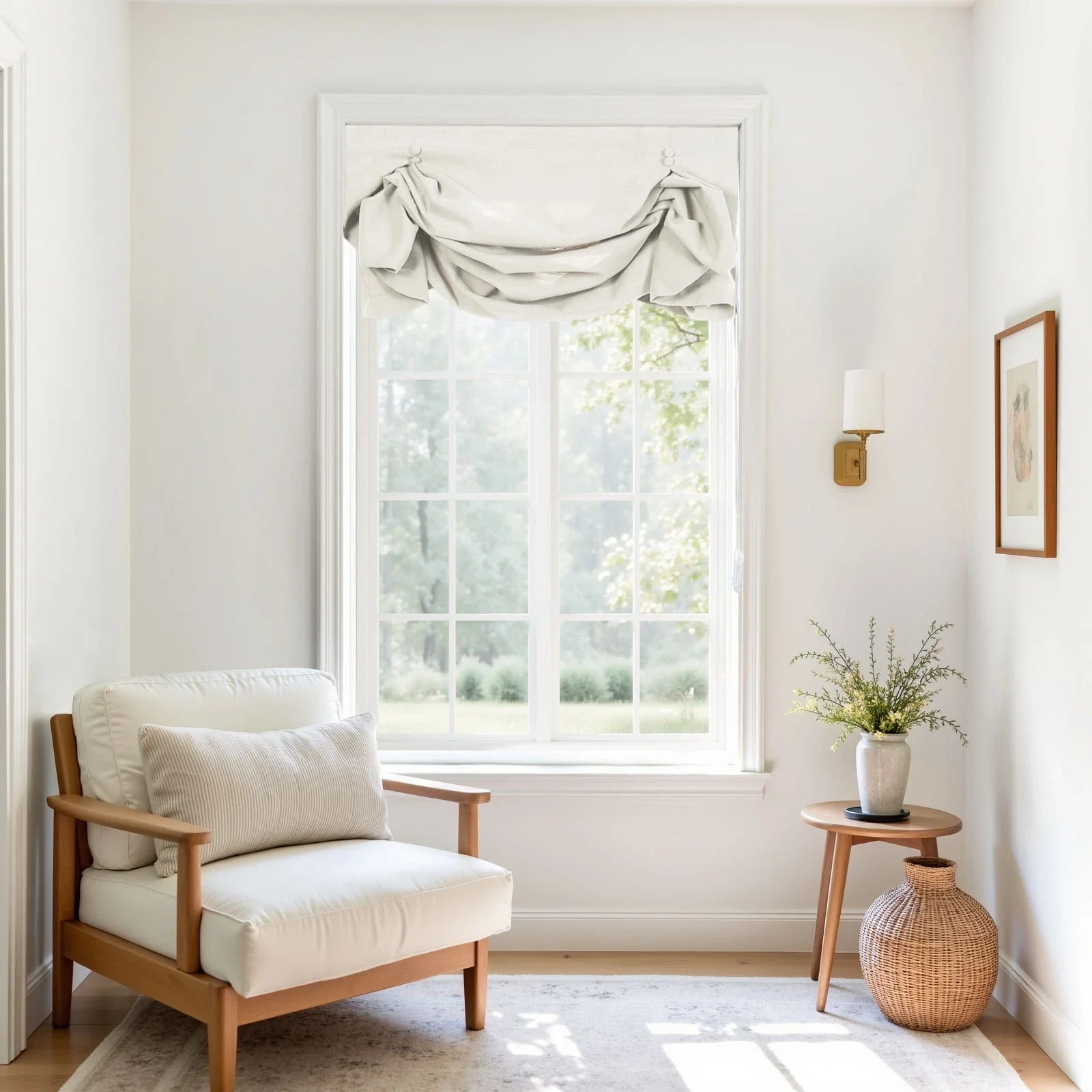 A bright minimalist room features a white cushion wood armchair with a striped pillow, a large window framed by a gathered valance overlooking a lush green landscape, and a wooden side table with a vase of delicate green and yellow flowers next to a decorative wicker basket