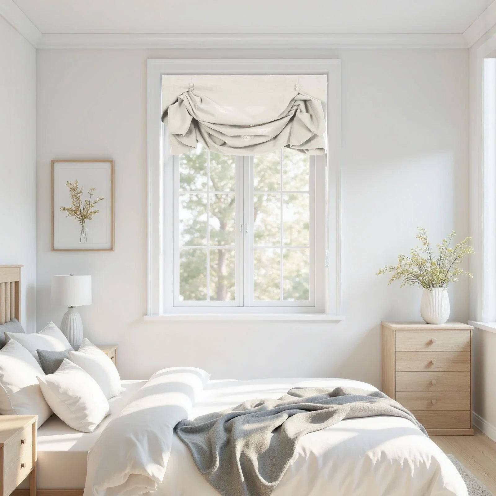 Bright photograph of a minimalist bedroom featuring a bed with white linen and a gray throw, natural wood furniture including a nightstand and dresser, a window with a gray Roman shade overlooking trees, a framed botanical print, and a vase of dried yellow flowers