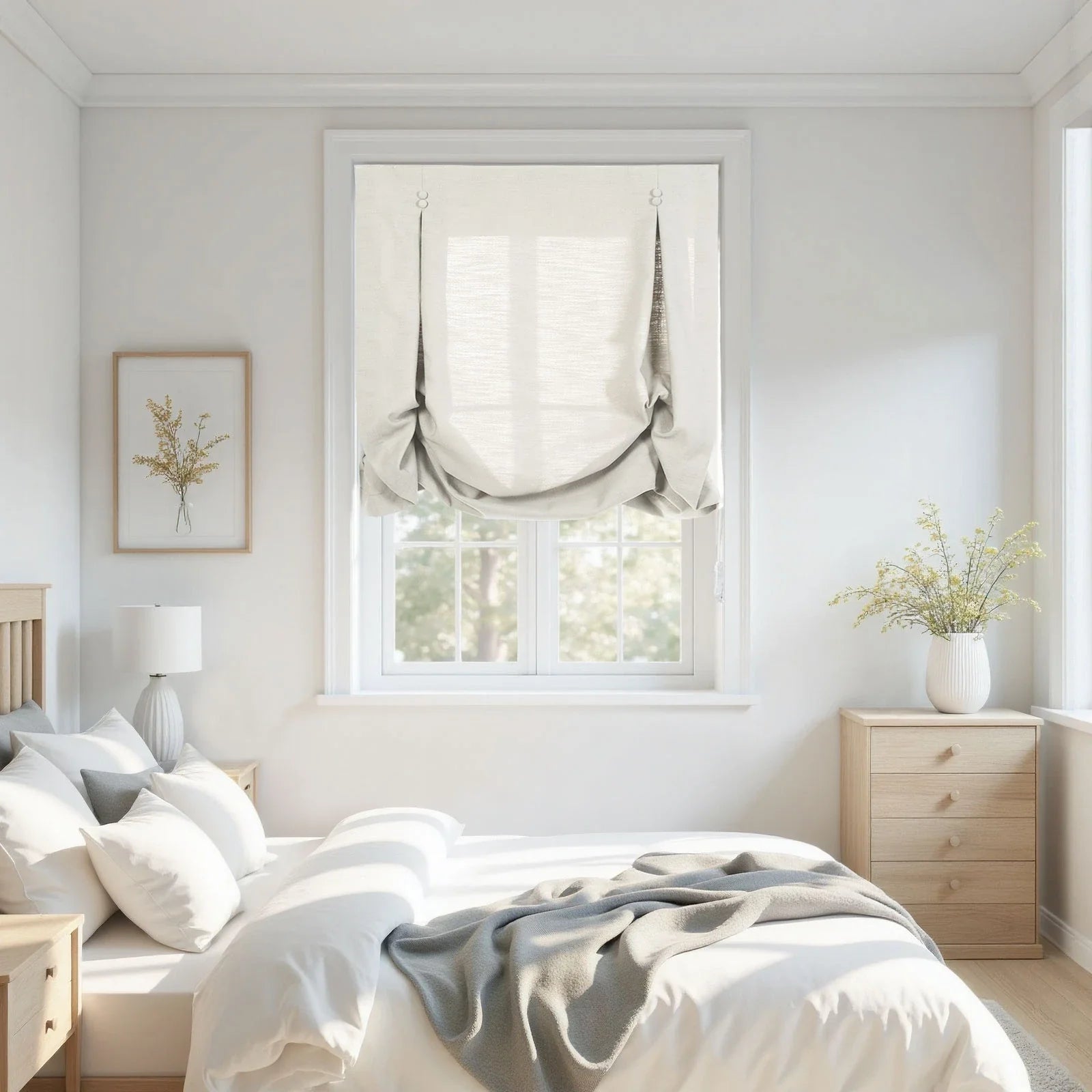 A bright bedroom interior showcasing a large window with a white linen balloon roman shade, a bed with white bedding and a soft grey throw, light wood furniture, and a framed yellow botanical print