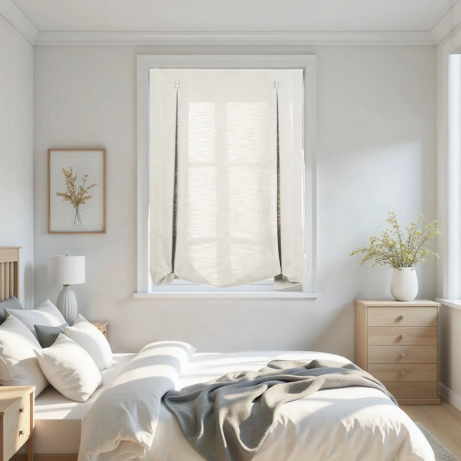 A bright minimalist bedroom showcasing a large window with a white linen Roman blind, a bed with white and grey bedding, light wooden nightstands and dresser, a framed picture of dried yellow flowers, and a white ribbed table lamp and vase with foliage