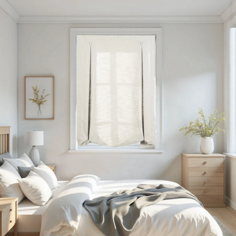 A bright minimalist bedroom showcasing a large window with a white linen Roman blind, a bed with white and grey bedding, light wooden nightstands and dresser, a framed picture of dried yellow flowers, and a white ribbed table lamp and vase with foliage