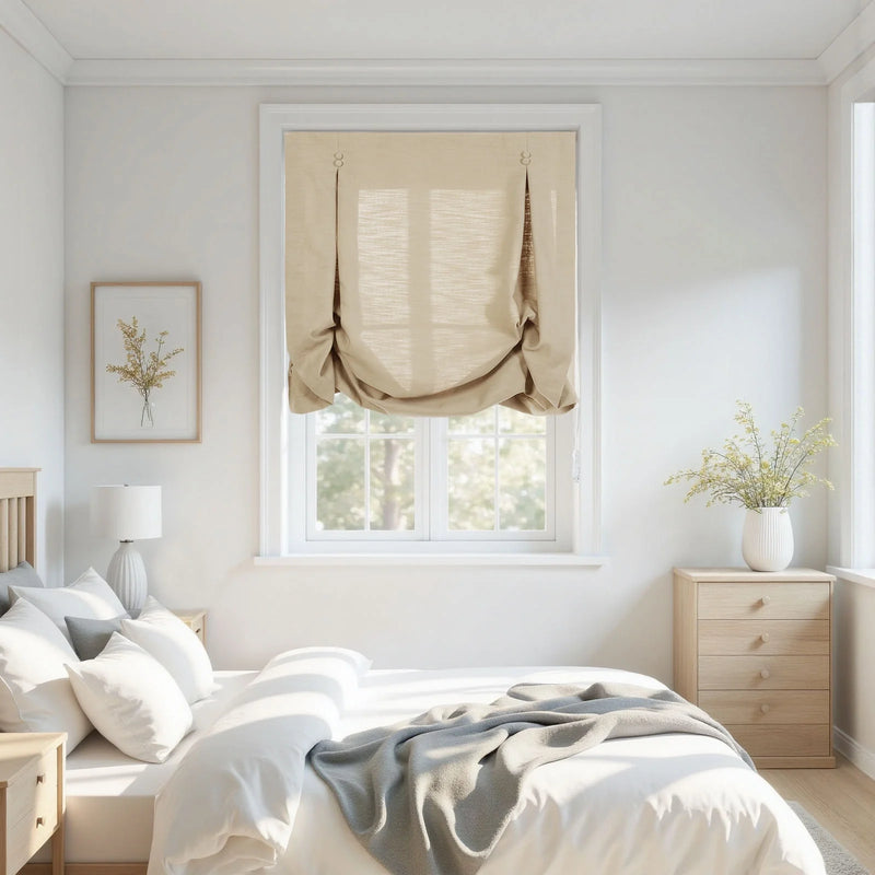 A bright minimalist bedroom featuring a window with a beige relaxed Roman shade, white bedding and grey throw, light wood furniture, a framed botanical print with yellow flowers, and a white ribbed ceramic lamp and vase