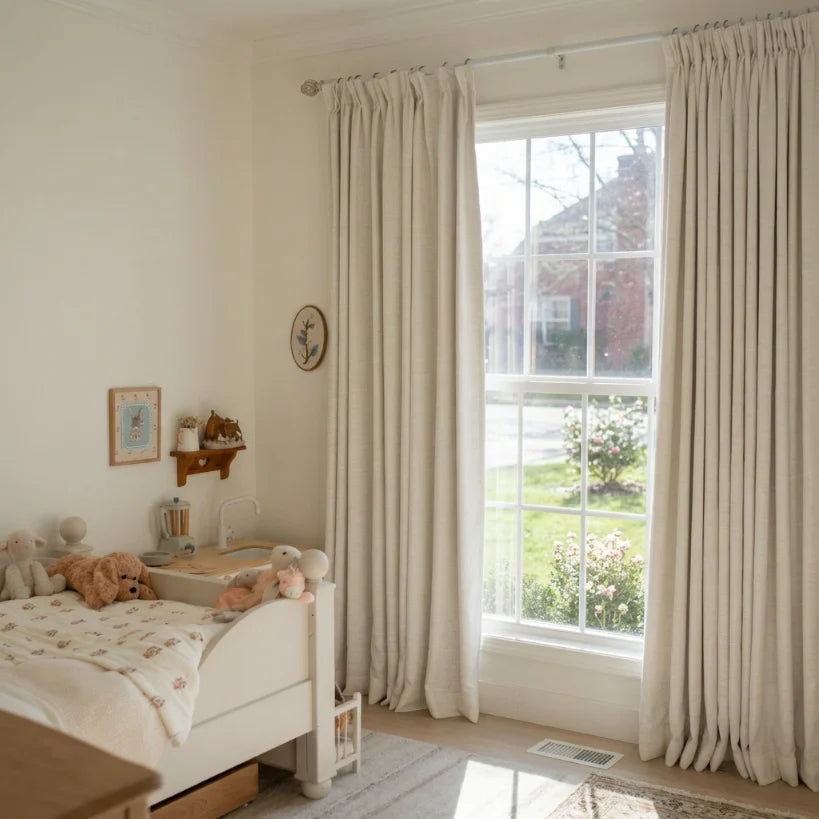 Ivory White Liz Linen Pleated Curtains beside a child’s daybed and tall garden-facing window