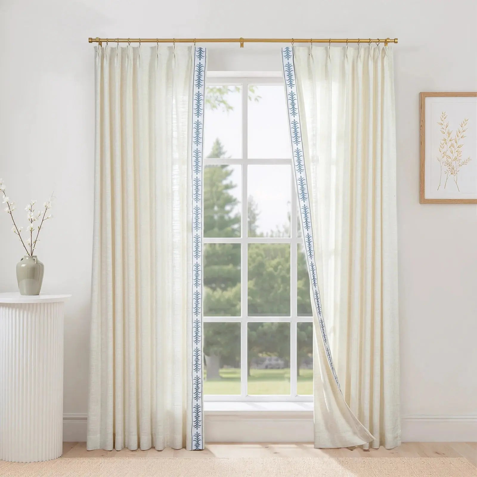 Liz Linen Curtains with Border Trim (Sold per Pair) -TWOPAGES