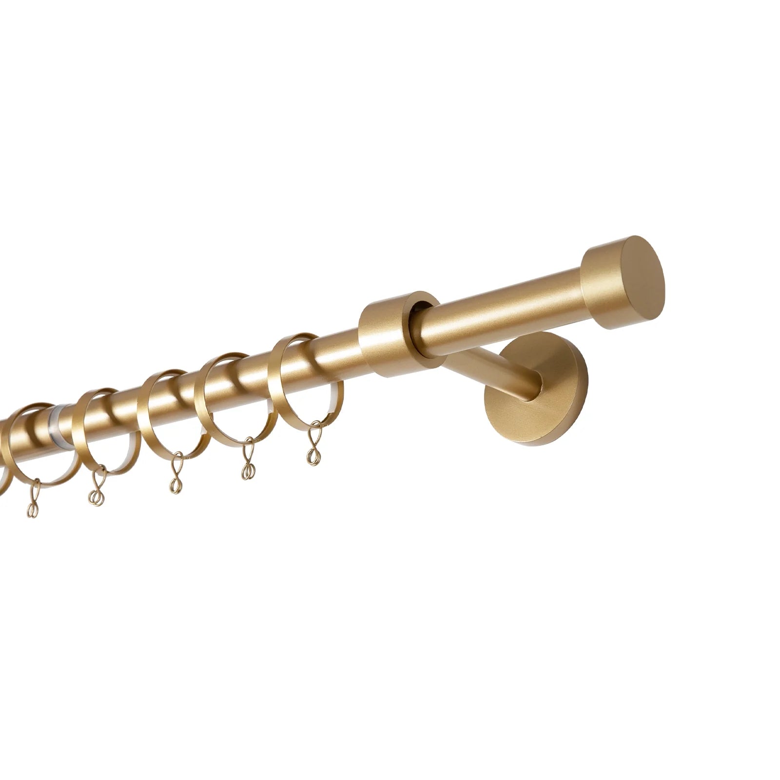 Brushed gold cylindrical curtain pole with matching rings and clips a wall bracket and a minimalist finial on a white background