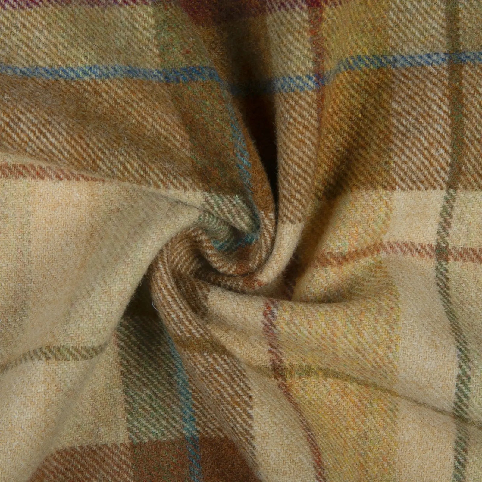 Woven wool fabric, a close-up of a rustic plaid pattern featuring earthy brown and beige tones with subtle blue and red accent lines