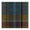 Wool fabric swatch with a muted tartan pattern featuring broad bands of teal blue, olive green, and charcoal grey, highlighted by thin golden yellow and subtle burgundy stripes and a zig-zag edge