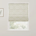 Photograph of a window featuring a cream Roman blind with a prominent stylized dragonfly and foliage pattern, a framed botanical print on the adjacent wall, and a blurred green outdoor scene
