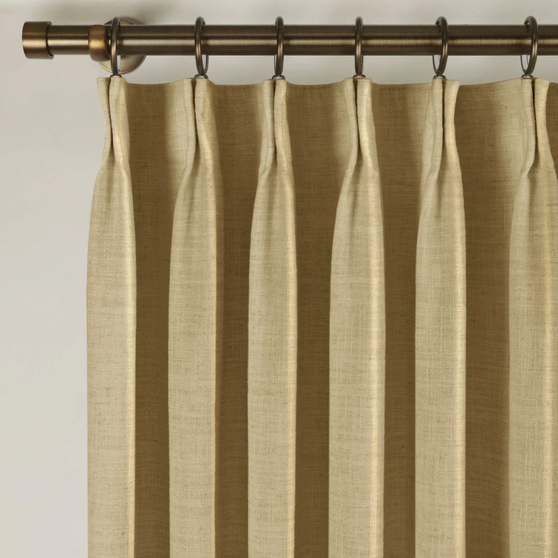 Khaki Yellow Liz linen curtains showing the lower drape and pooling folds near the floor