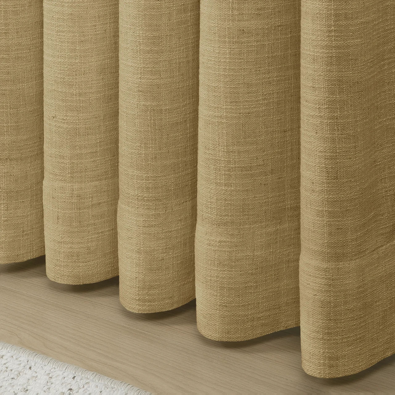 Khaki Yellow Liz linen curtains in a close room detail highlighting the linen texture and colour