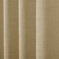 Khaki Yellow Liz linen curtains drawn partly across the window with filtered light revealing the weave