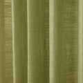 Photograph of olive green woven fabric curtains showcasing soft vertical folds and prominent linen-like texture