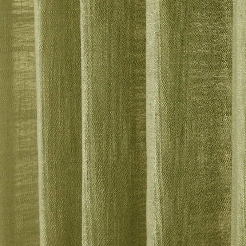 Photograph of olive green woven fabric curtains showcasing soft vertical folds and prominent linen-like texture