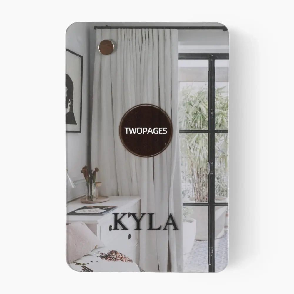 Kyla Faux Linen curtain fabric texture and booklet detail