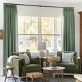Lagoon Liz linen curtains framing a bright window in a balanced full-length interior view