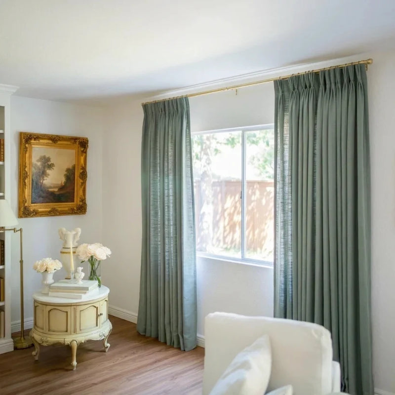 Lagoon Liz linen curtains viewed at an angle in a softly styled room with natural daylight