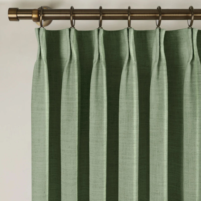 Lagoon Liz linen curtains showing the lower drape and pooling folds near the floor