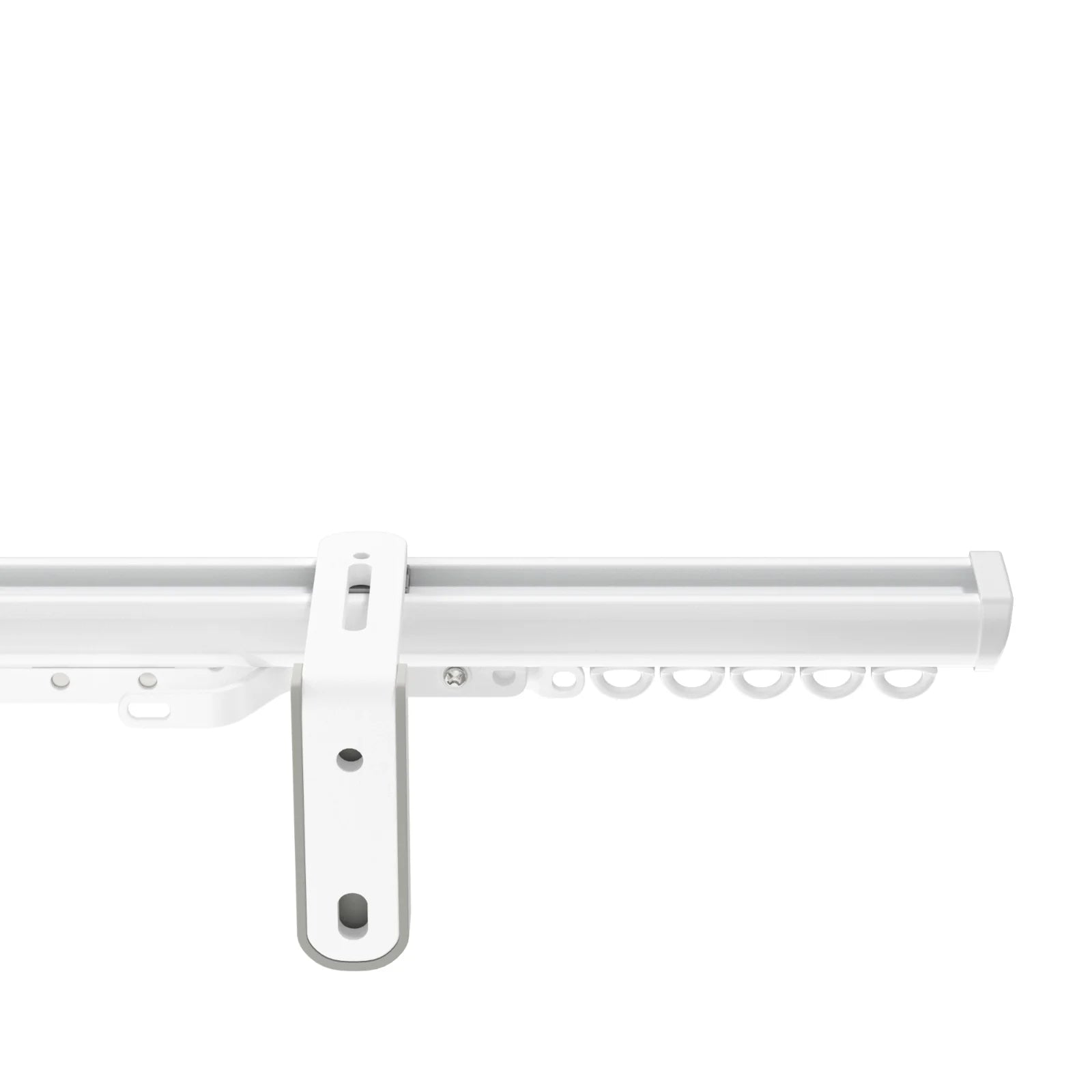 White aluminum curtain track system with a central mounting bracket and a line of D-shaped gliders