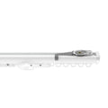 Photograph of a white curtain track system featuring a silver metal control mechanism and multiple white curtain carriers