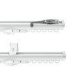 Product photograph of two white modern curtain tracks on a white background, one featuring a metallic gray control mechanism with a golden center, the other showing a white mounting bracket, both with rows of white curtain gliders