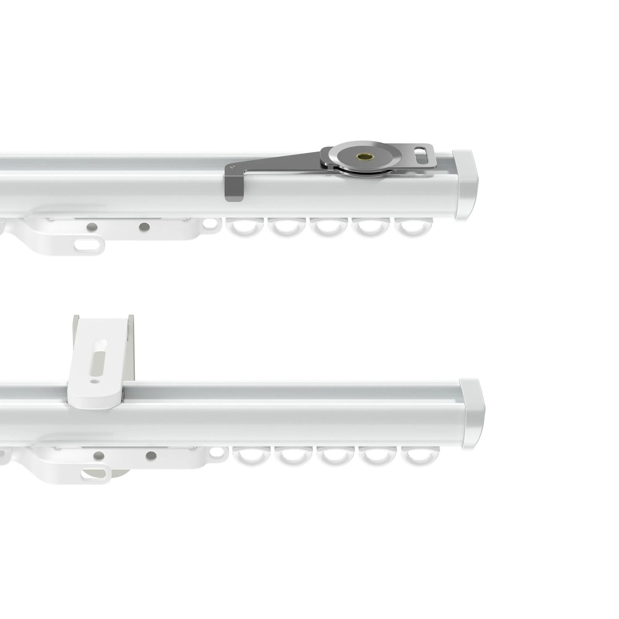 Product photograph of two white modern curtain tracks on a white background, one featuring a metallic gray control mechanism with a golden center, the other showing a white mounting bracket, both with rows of white curtain gliders