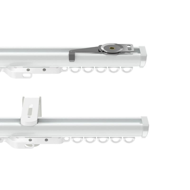 Product photograph of two white modern curtain tracks on a white background, one featuring a metallic gray control mechanism with a golden center, the other showing a white mounting bracket, both with rows of white curtain gliders