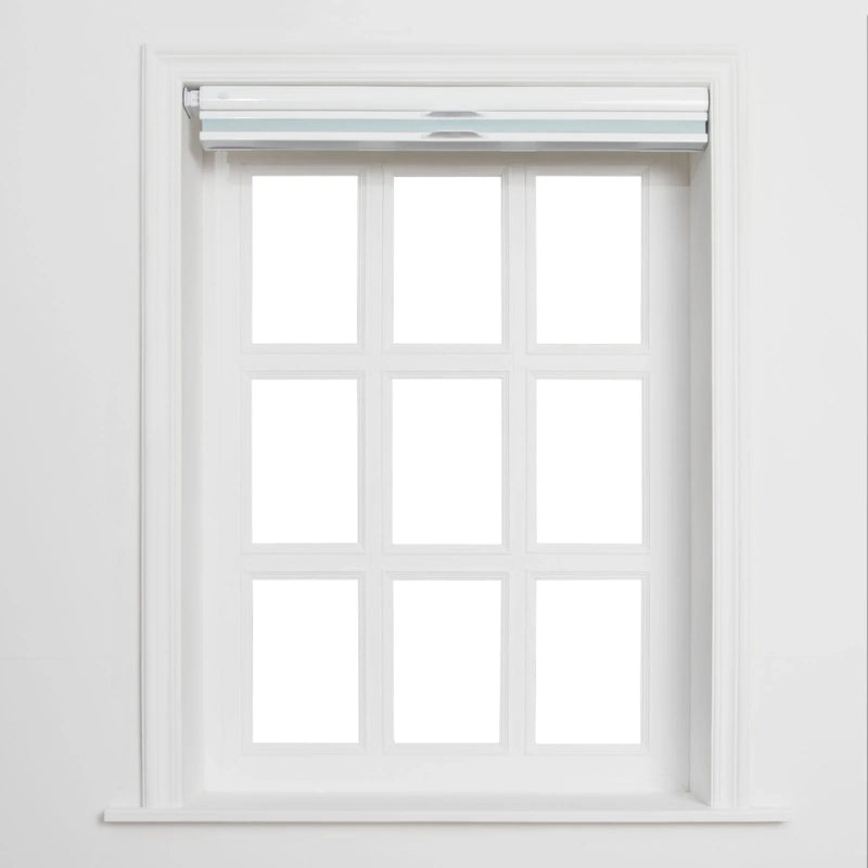 A white framed window with nine individual panes and a partially lowered white roller Blind featuring two light blue horizontal stripes and silver pulls against a plain white interior wall