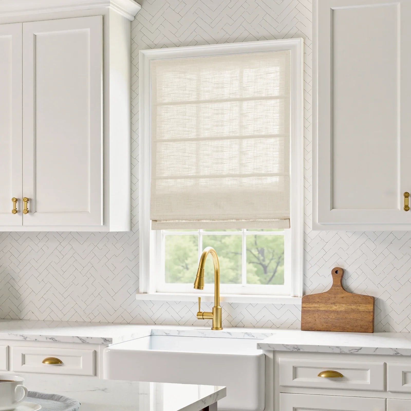 Liz Linen Blend Roman Shade Cordless - Wooden Headrail -TWOPAGES