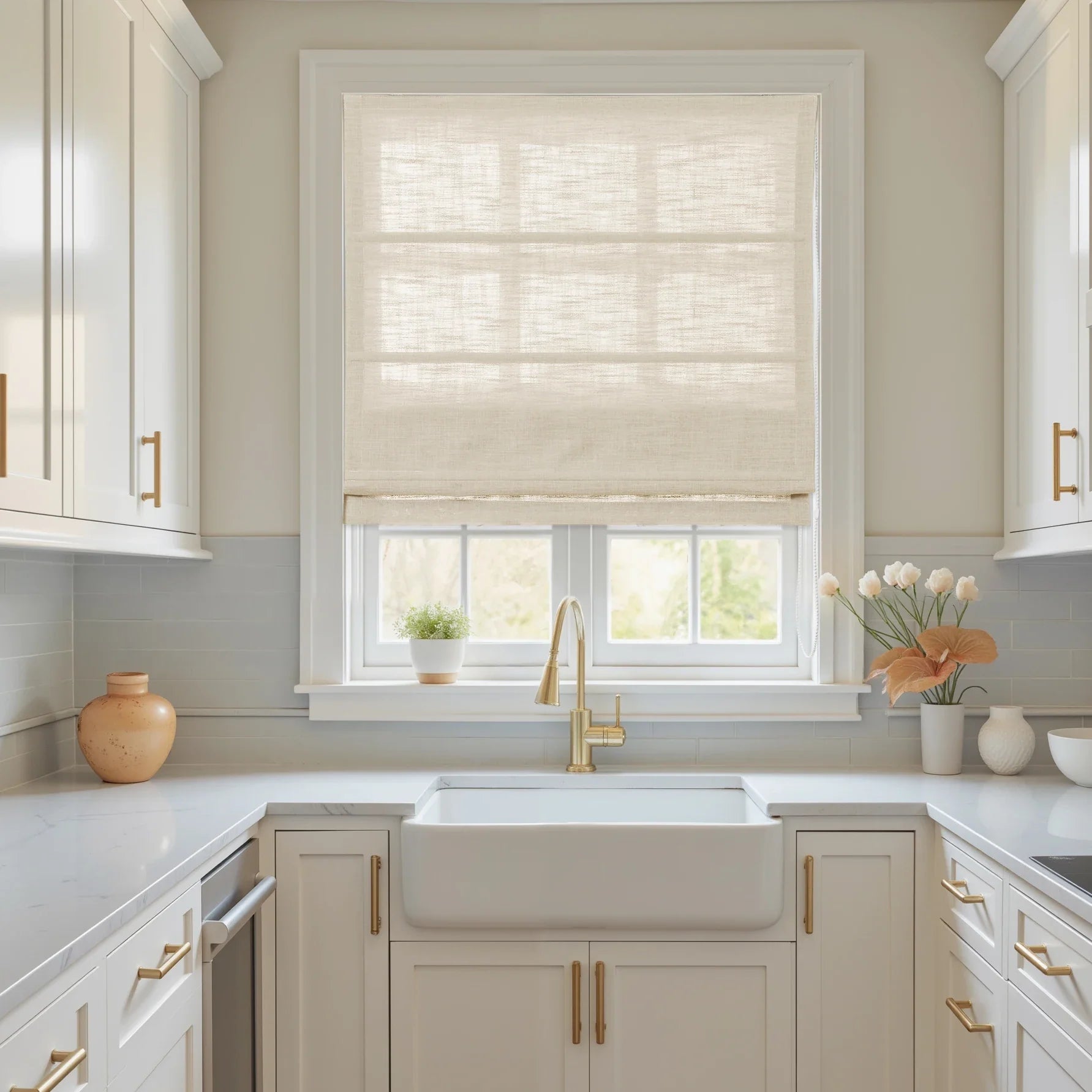 A bright modern kitchen interior featuring a white farmhouse sink, elegant brass gooseneck faucet and matching cabinet hardware, and a light blue subway tile backsplash